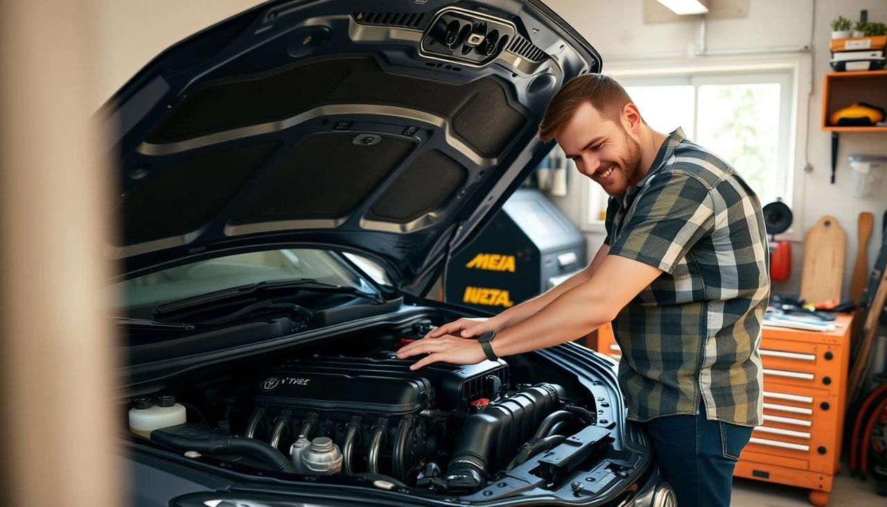 Performing DIY auto repairs in his garage with basic tools Person Performing DIY auto repairs in hs garage with basic tools