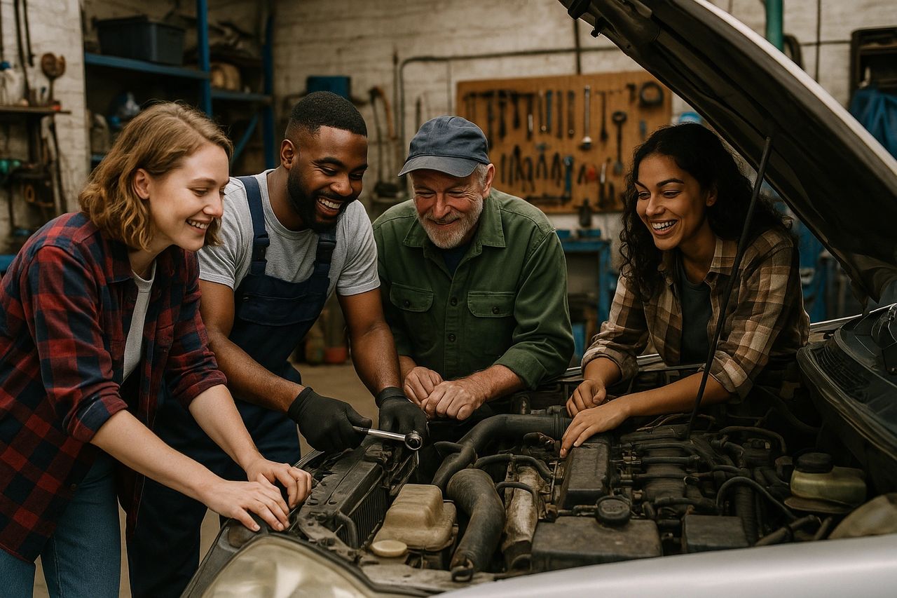 A group of people collaborating on a car repair project in a community garage A group of people collaborating on a car repair project in a community garage