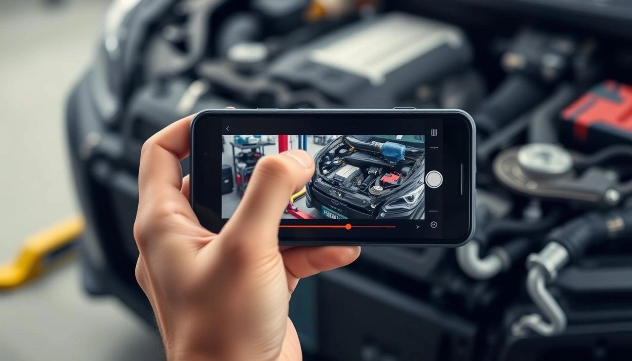 A person watching a DIY auto repair Tutorial on his smartphone while working on his car A person watching a DIY auto repair Tutorial on his smartphone while working on his car