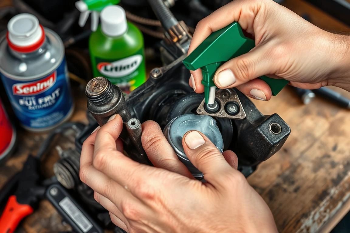 Person refurbishing and reusing auto parts instead of buying new Person refurbishing and reusing auto parts instead of buying new