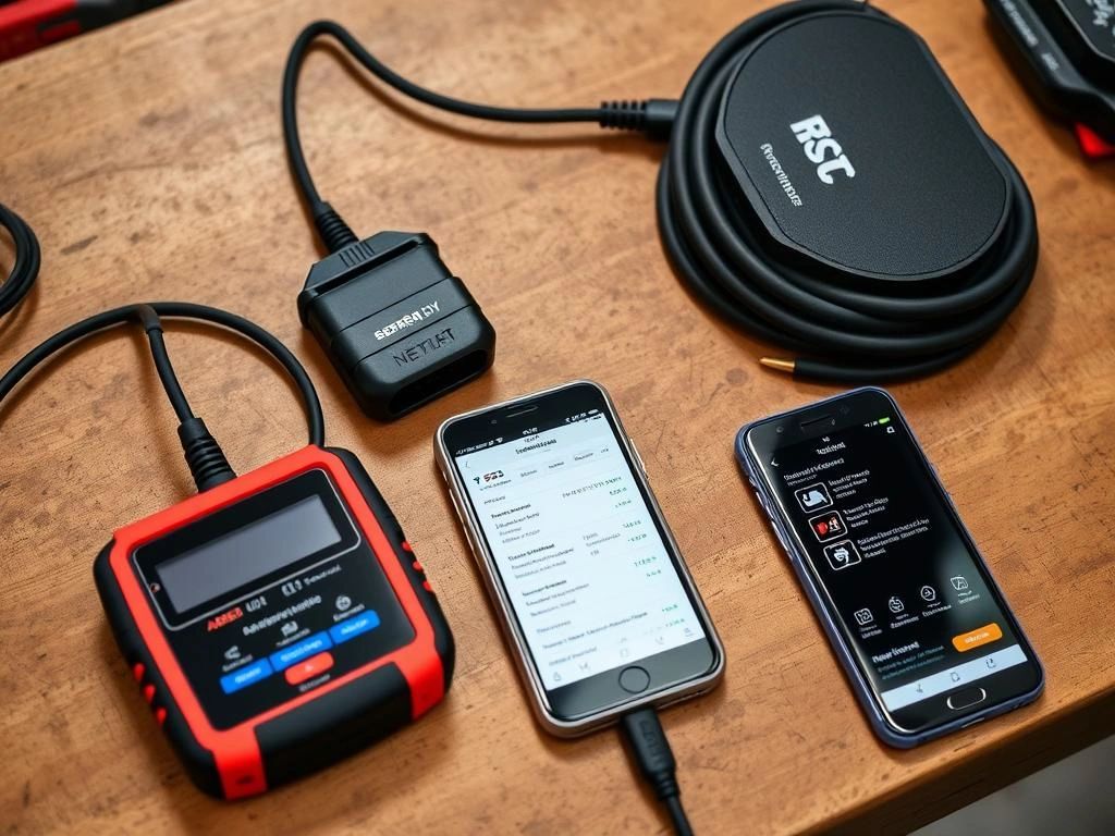 Modern DIY diagnostic tools including OBD-II scanner connected to vehicle Modern DIY diagnostic tools including OBD-II scanner connected to vehicle