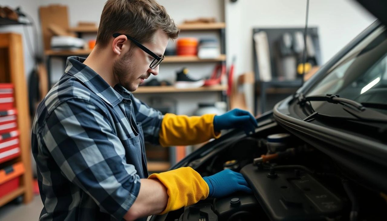Person using safety equipment while performing DIY auto repair Person using safety equipment while performing DIY auto repair