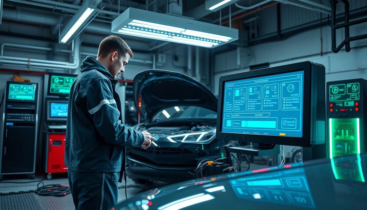 Future of DIY auto repair showing advanced diagnostic tools and electric vehicle maintenance Future of DIY auto repair showing advanced diagnostic tools and electric vehicle maintenance