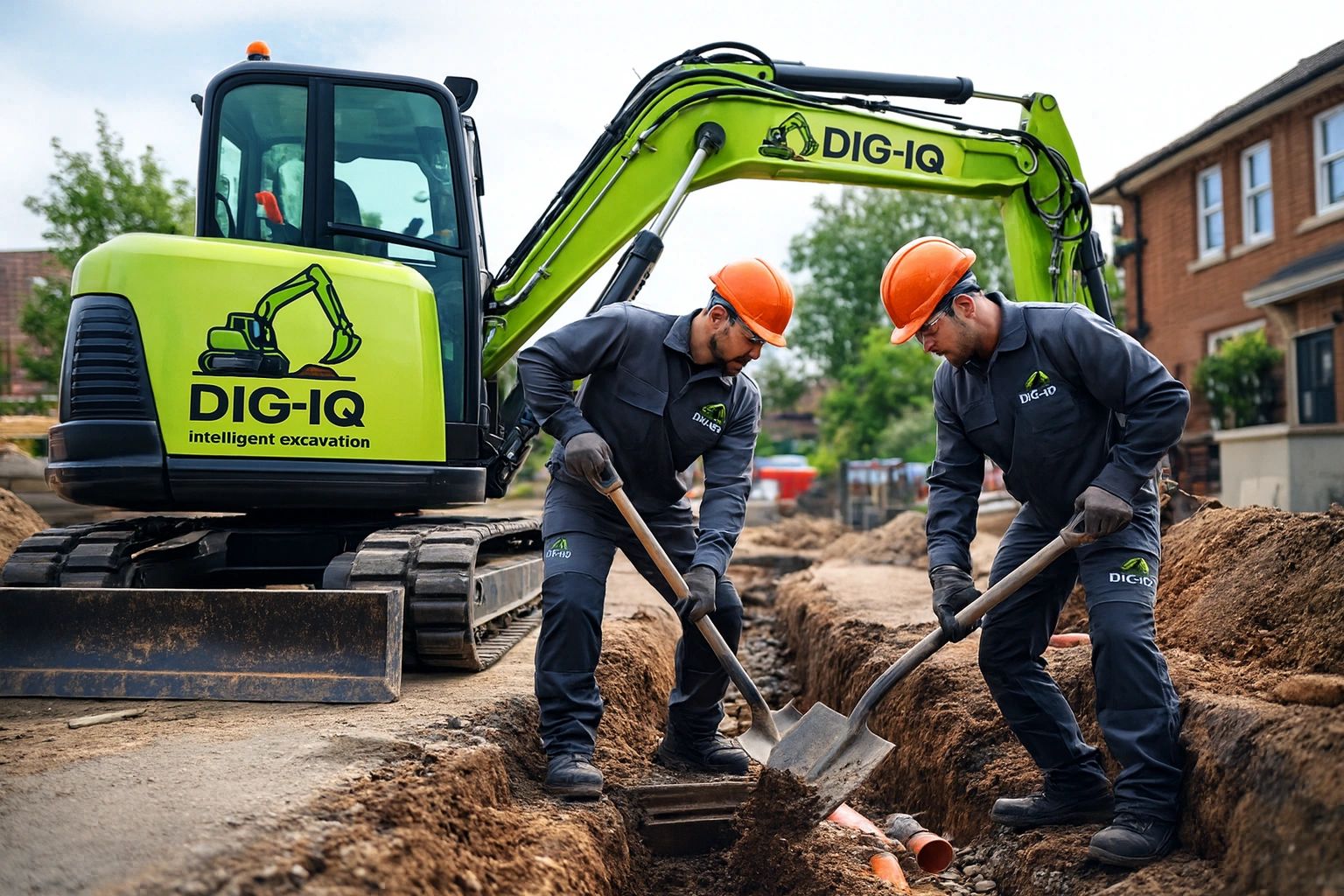 Two construction workers dig a trench with shovels beside a DIG-IQ excavator.
