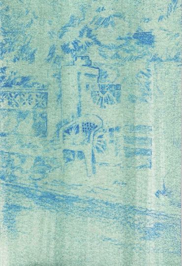 Pineapple seller
Acid green dye and carbon blue on paper, 5 3/8 x 3 5/8 in, 2025