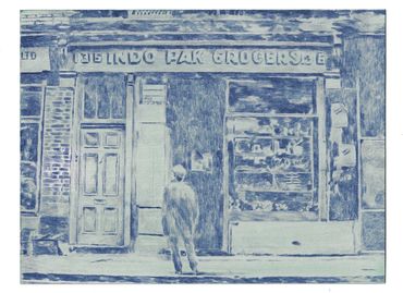 Indo-Pak Grocers, Carbon blue and industrial dye on paper, 18x13.5cm, 2026