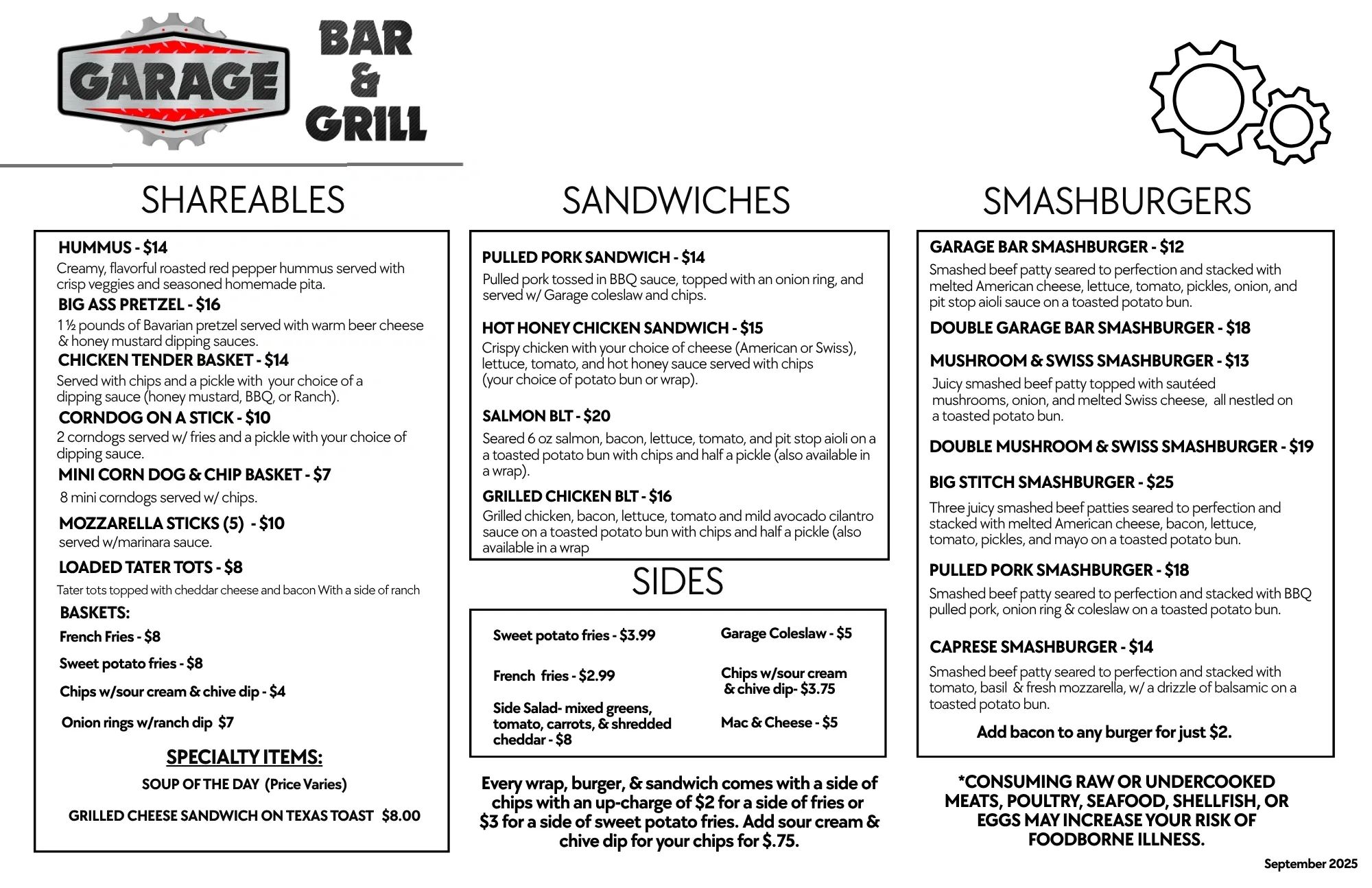 Garage Bar & Grill menu featuring shareables, sandwiches, smashburgers, and sides.