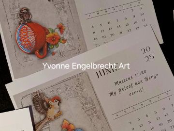 Artistic calendar pages featuring detailed bird illustrations and floral accents for June 2025.