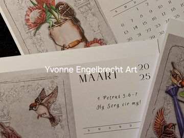 Art prints featuring birds and flowers alongside a calendar page for March 2025.
