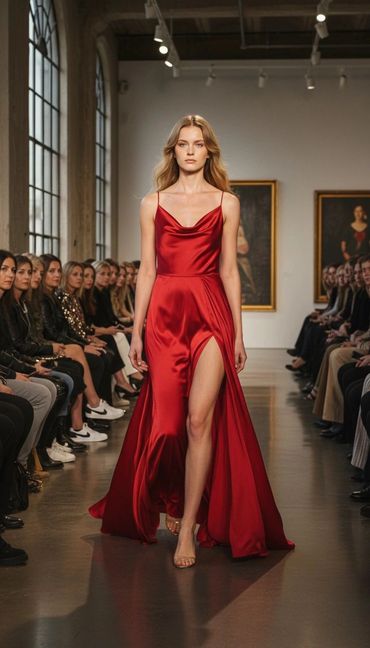 Model in a flowing red satin gown walks down runway at fashion show.