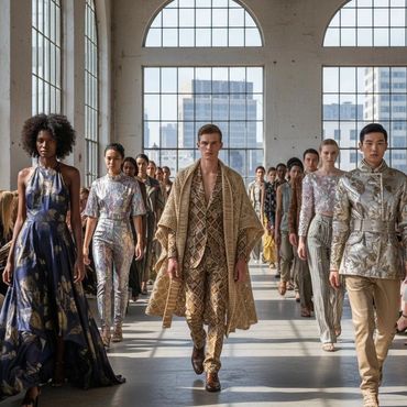Models walk the runway showcasing elegant and intricate fashion designs in a sunlit venue.