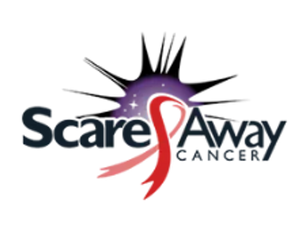 Logo featuring a red ribbon and text 'Scare Away Cancer'.