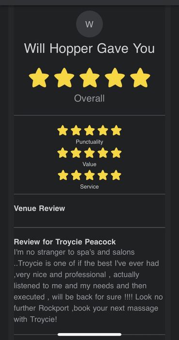 Five-star reviews from Rockport, Texas clients who love our relaxing massages and facials.