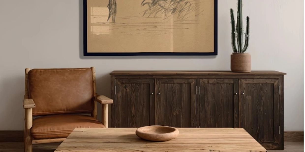 Rustic living room with leather chair, wooden table, cactus, and minimalist art.