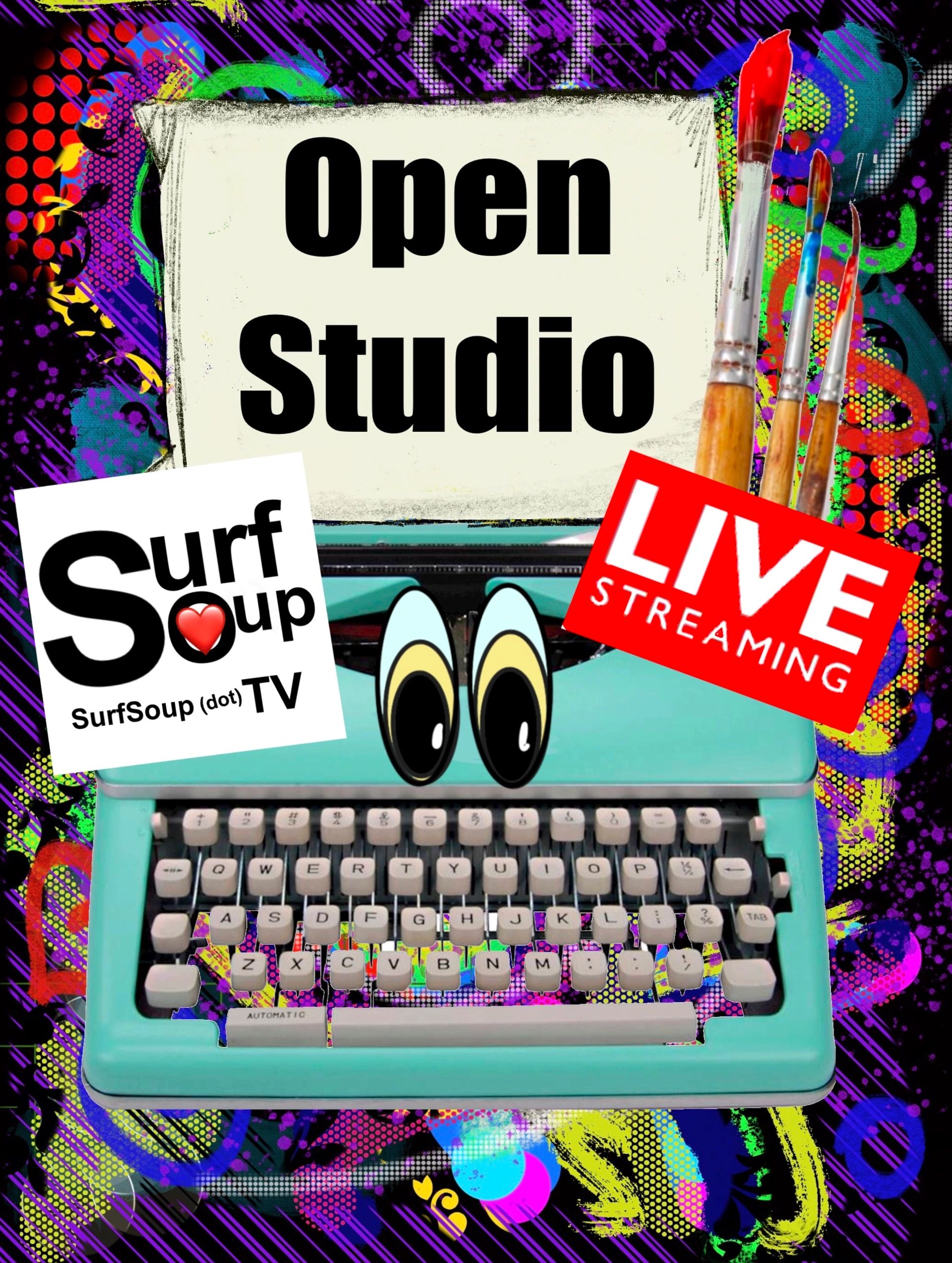 Typewriter, author, writer, picture books, surf cartoon, live streaming, live draw, paint, surf soup