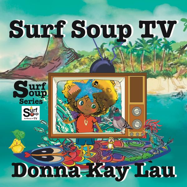 Surf Soup TV Cartoon logo for surf suit TV cartoon koa with the TV on his head by Donna kay Lau
