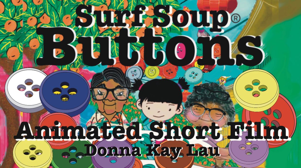Promotional poster for Surf Soup® Buttons Oscar-qualifying short film, hand-drawn animation