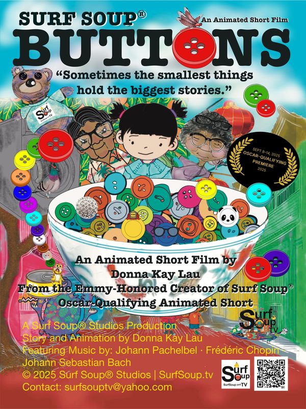 Poster Surf Soup® Buttons animated short film poster created by Donna Kay Lau, Oscar-qualified hand-