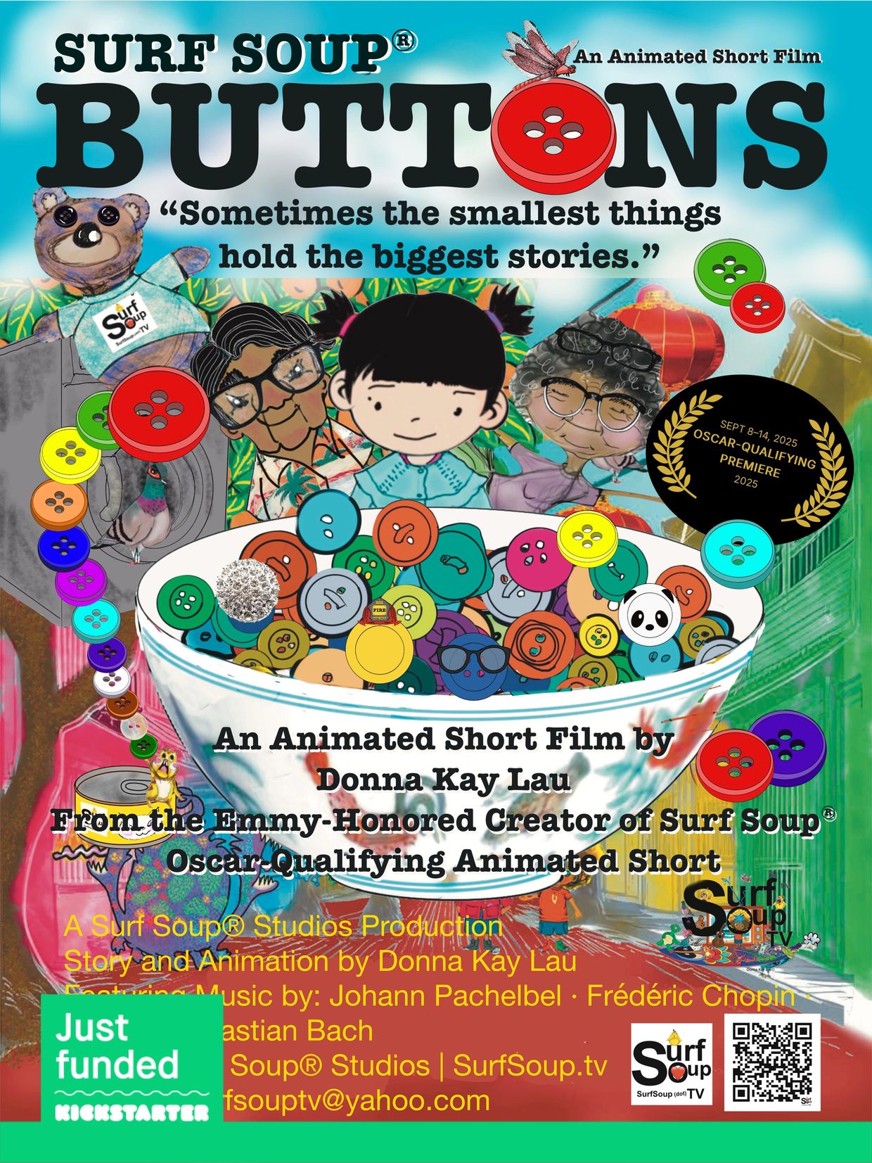 Promotional poster for Surf Soup® Buttons Oscar-qualifying short film, hand-drawn animation