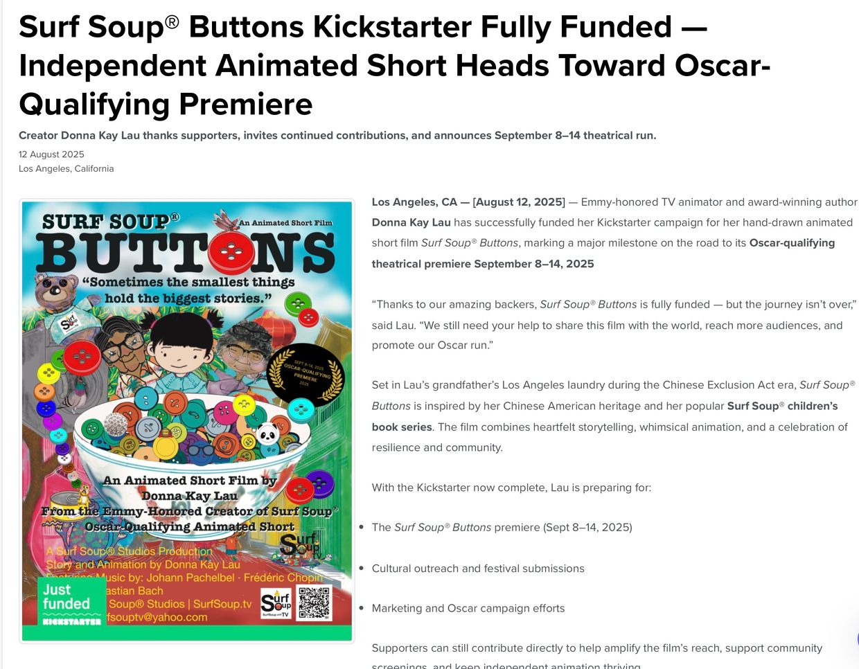 Promotional poster for Surf Soup® Buttons Oscar-qualifying short film, hand-drawn animation press