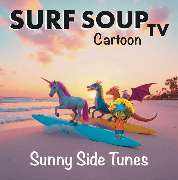 Surf Soup TV Cartoon music album cover Sunnyside tunes with unicorns on surfboards in a dragon color