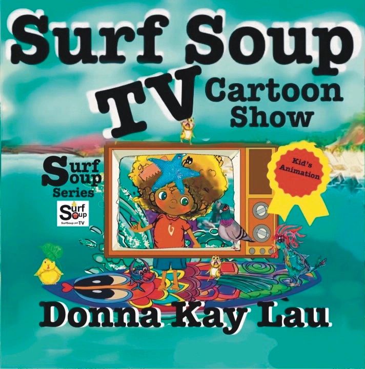 Surf Soup TV Cartoon show logo page turquoise ocean with co-op and the TV on his surfboard