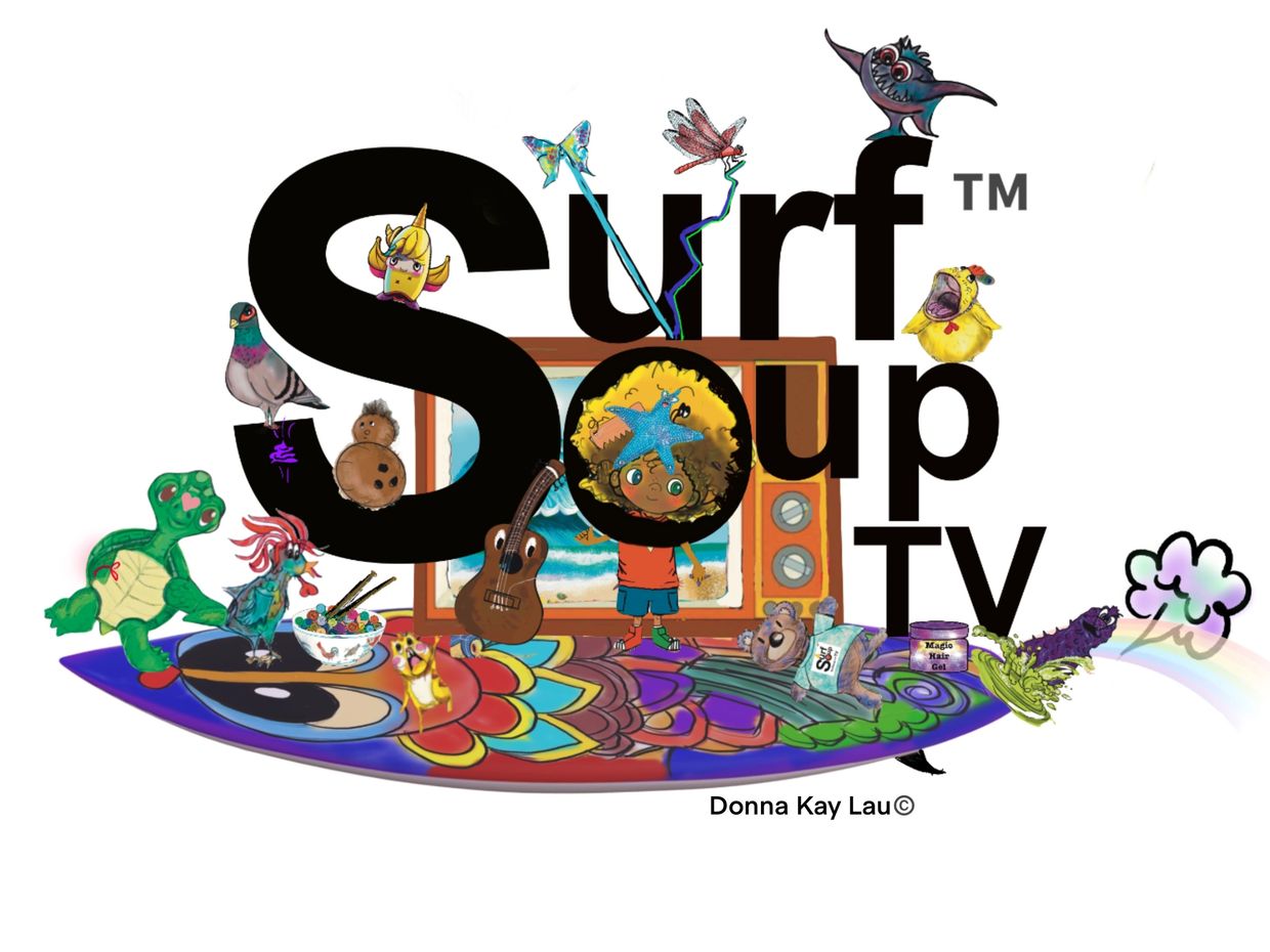 Koa surfing the waves in Surf Soup® TV animated cartoon series by Donna Kay Lau