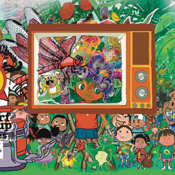 Surf soup tv press and media promo with Koa and tv on his head