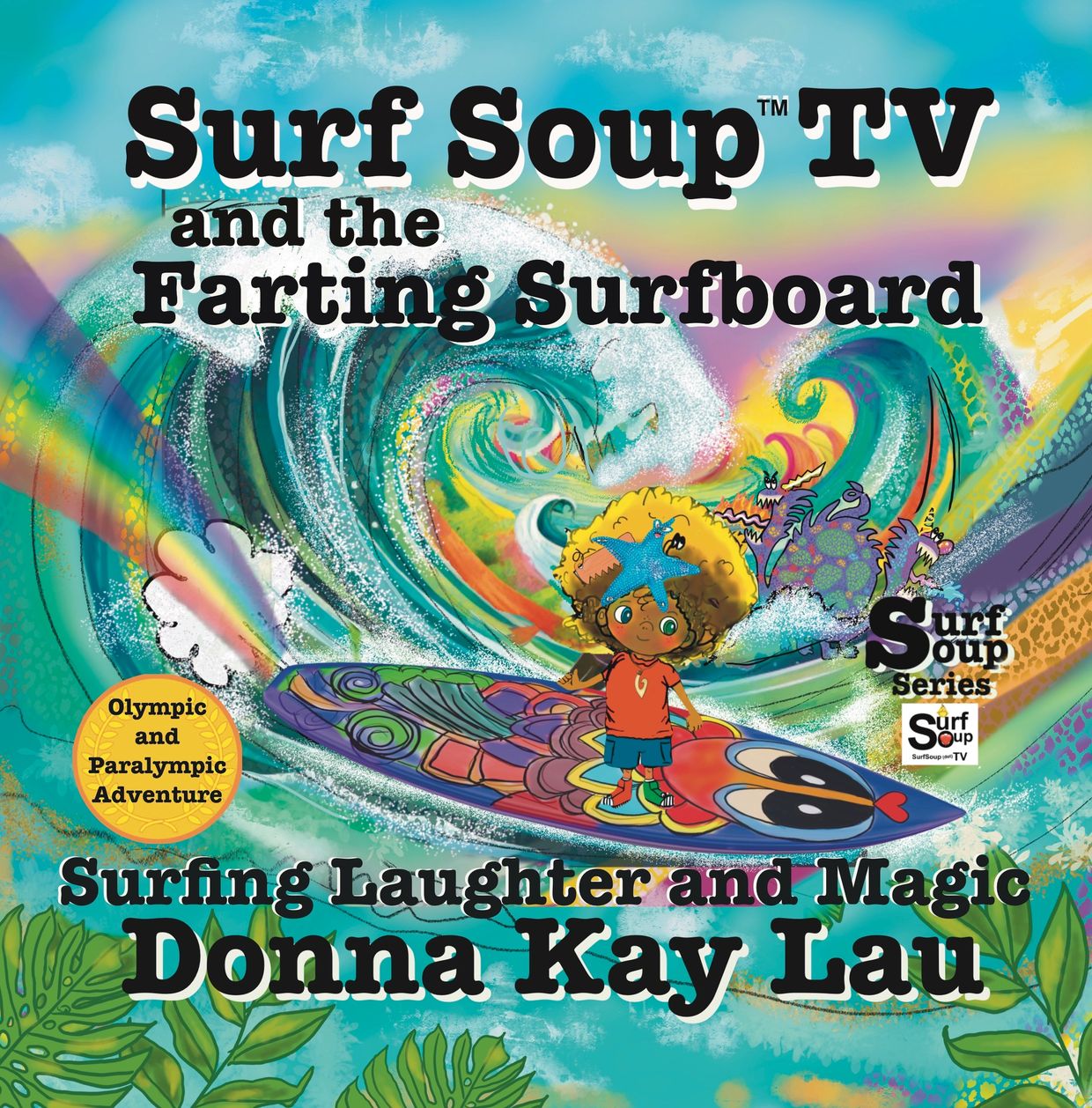 A book cover surf suit TV, and the farting rainbow surfboard, the rain, the surfboard farts rainbows
