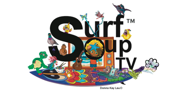 SurfsUp Branding in licensing from the cartoon, animated short buttons by Donna K Lau logo for