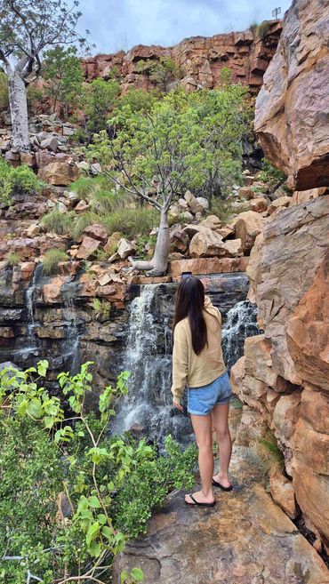 Guest takes a photo of Boab trees next to a waterfall at the Grotto near Wyndham