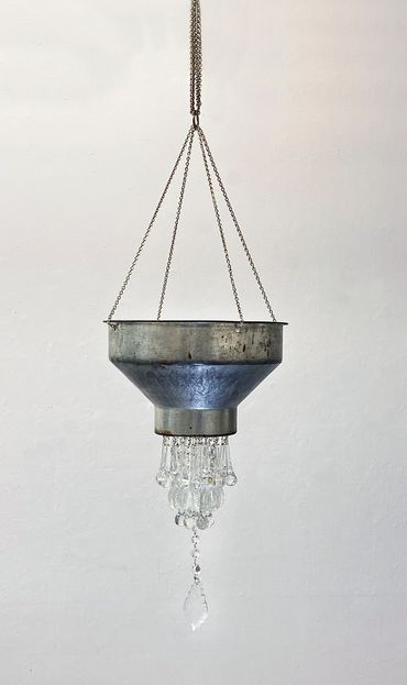 Drip Drip, Vintage Industrial Strainer, Glass Prisms, Metal Chain, 64” x 13” x 13”, 2022