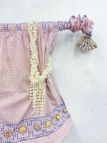 Matriarch, Apron, Ribbon, Embellishments, Wire, Fiber, 21” x 31” x 7.5”, 2022