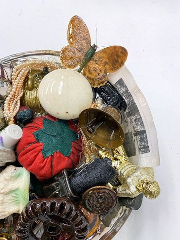 Gratitude Pie, Found Objects and Resin, 4" x 11" x 11", 2022