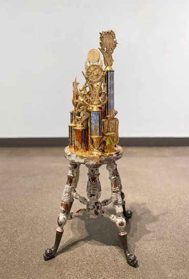 I’ll Be Working, Trophies, Gold Leaf, Resin, Paint, Antique Heirloom Stool, 36” x 15” x 15”, 2022