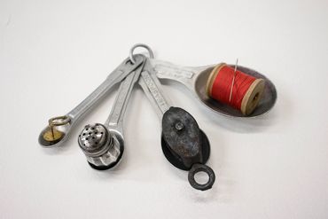 Made Country, Measuring Spoons, Spool Thread Needle, Pulley, Sterling Silver Salt Shaker, Pin