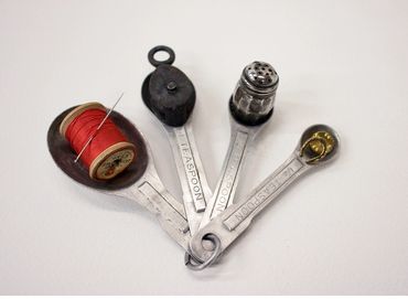Made Country, Measuring Spoons, Spool Thread Needle, Pulley, Sterling Silver Salt Shaker, Pin