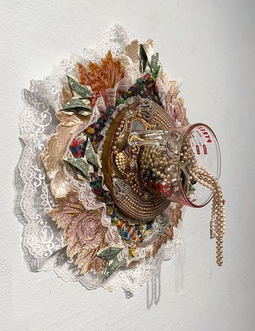 Oh You Pretty Things,Money,Pyrex,Jewelry,Pot Holders,Resin,Lace,Vintage Embroidery,Gold Leaf, Wood
