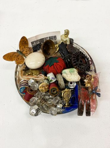 Gratitude Pie, Found Objects and Resin, 4" x 11" x 11", 2022