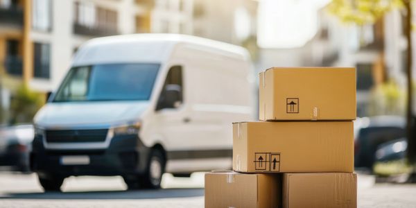 Pengantaran paket tepat waktu di depan rumah pelanggan, menunjukkan layanan logistik yang handal