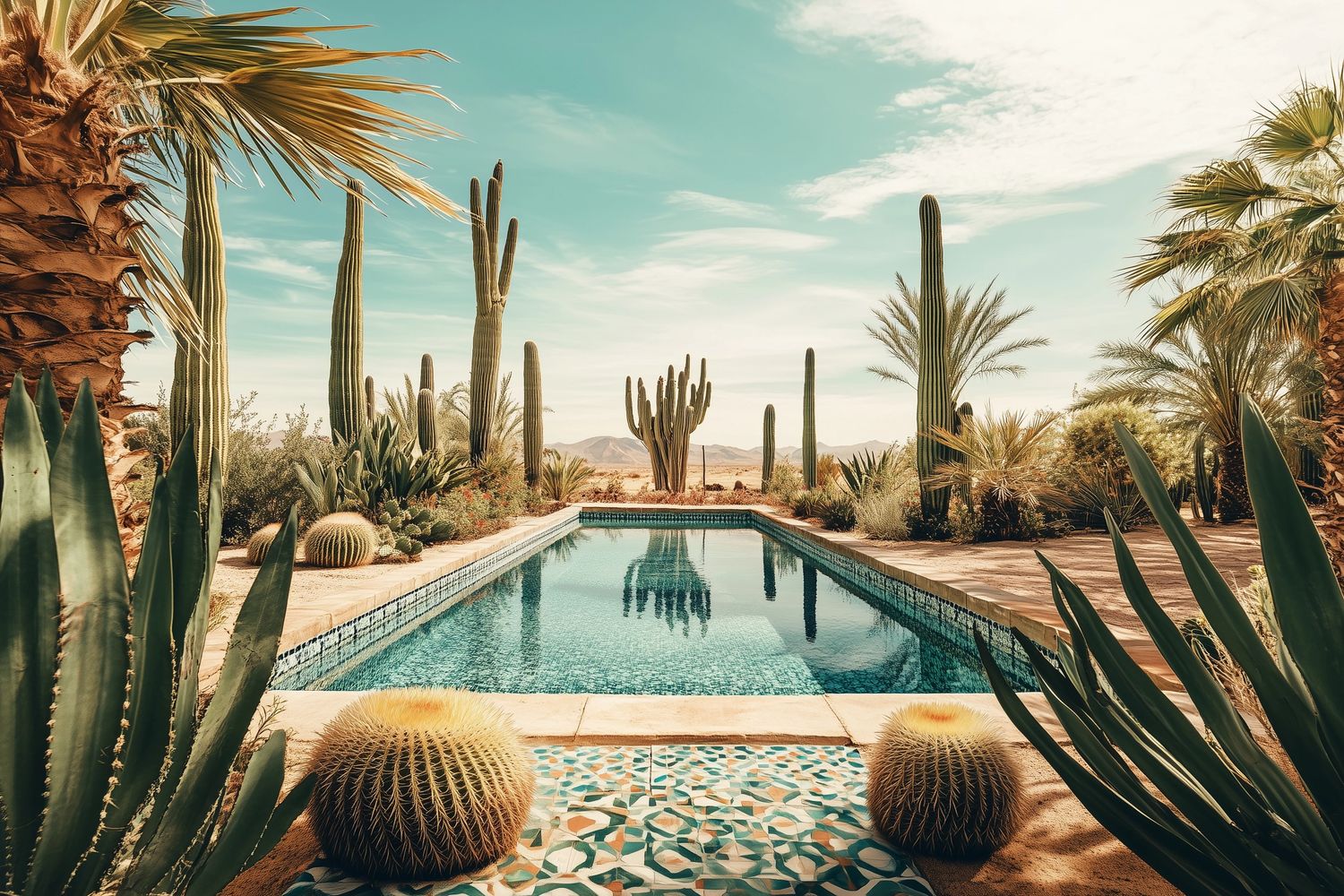 Desert pool surrounded by tall cacti and palm trees under a bright sky.