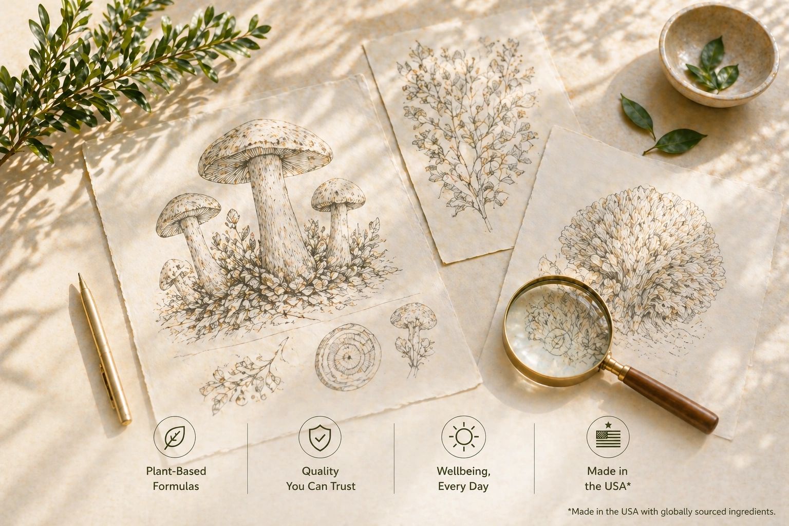 Botanical sketches of mushrooms and plants with natural elements and a magnifying glass.