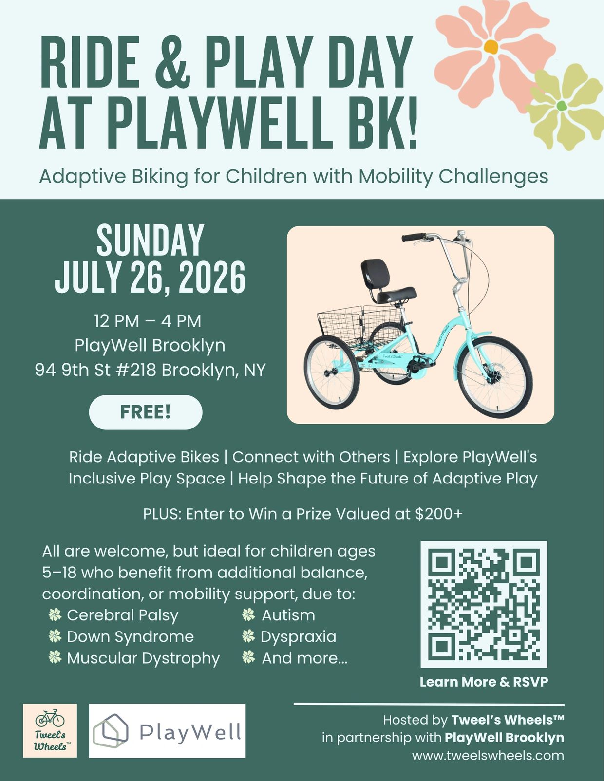 Event poster for Ride & Play Day with adaptive biking for children at PlayWell Brooklyn.