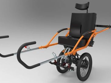 Modern wheelchair with orange frame and black seat, designed for mobility assistance.
