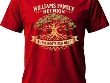 Red T-shirt with a family reunion design featuring a tree and roots graphic.