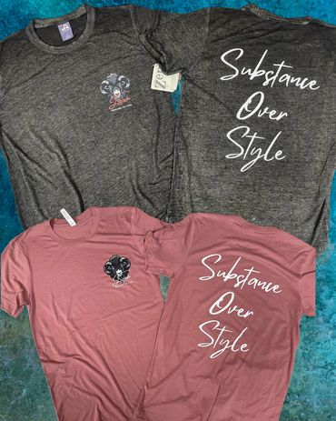 Two pairs of t-shirts in black and pink with ram logos and the phrase 'Substance Over Style'.