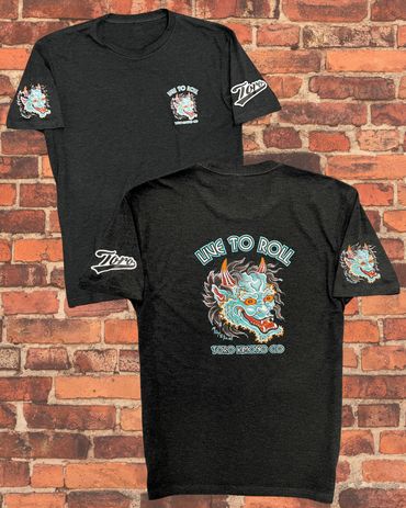 Black t-shirt with a colorful demon face and text 'Live to Roll' on front and back.