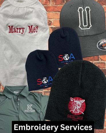 Various embroidered apparel showcasing custom logos and messages.