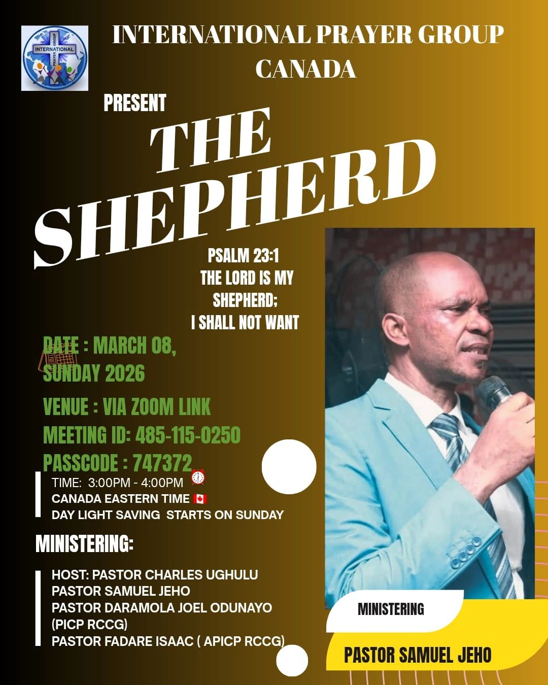 Event flyer for The Shepherd prayer meeting by International Prayer Group Canada on March 8, 2026, featuring Pastor Samuel Jeho.