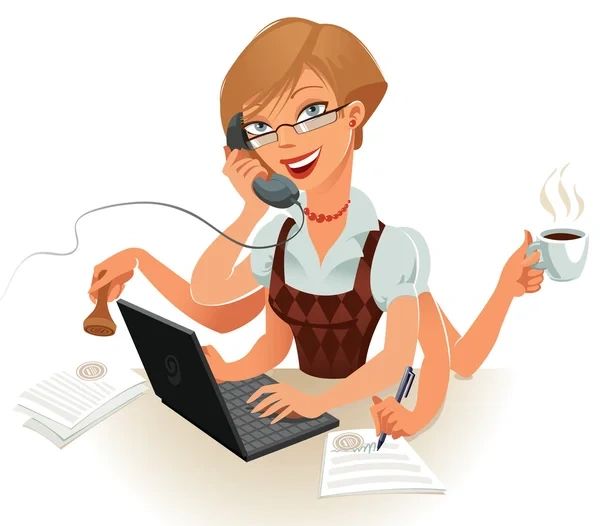 A multitasking woman with multiple arms working on a laptop, talking on phone, stamping papers, writing, and holding coffee.